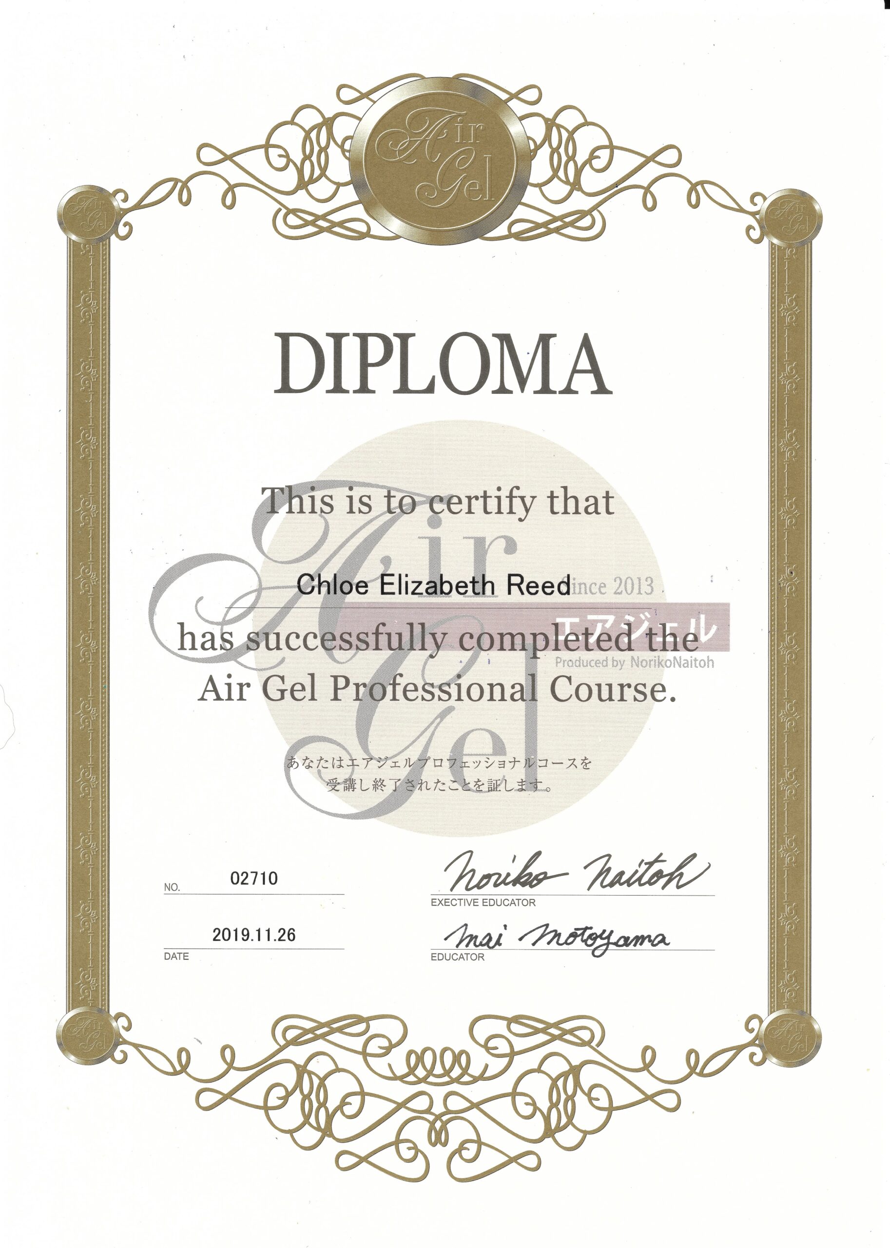 Chloe Elizabeth Reed Airgel airbrush nail certification diploma Level 1