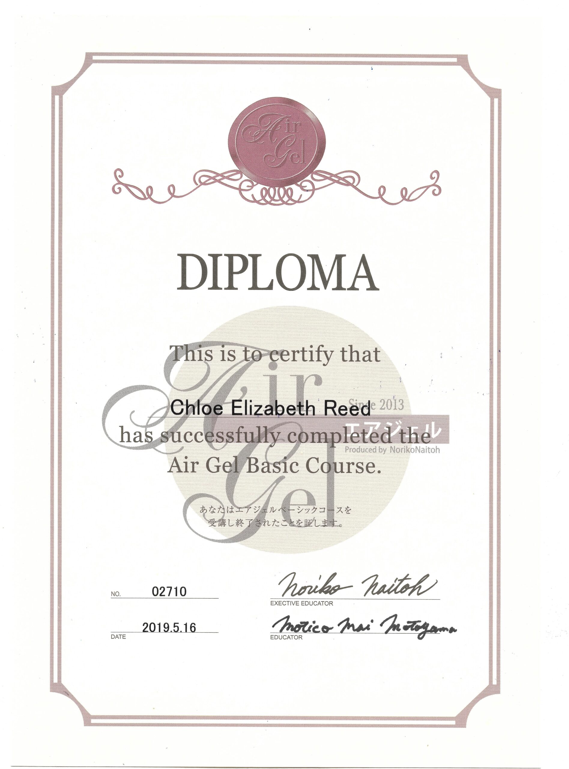 Chloe Elizabeth Reed Airgel airbrush nail certification diploma Level 2