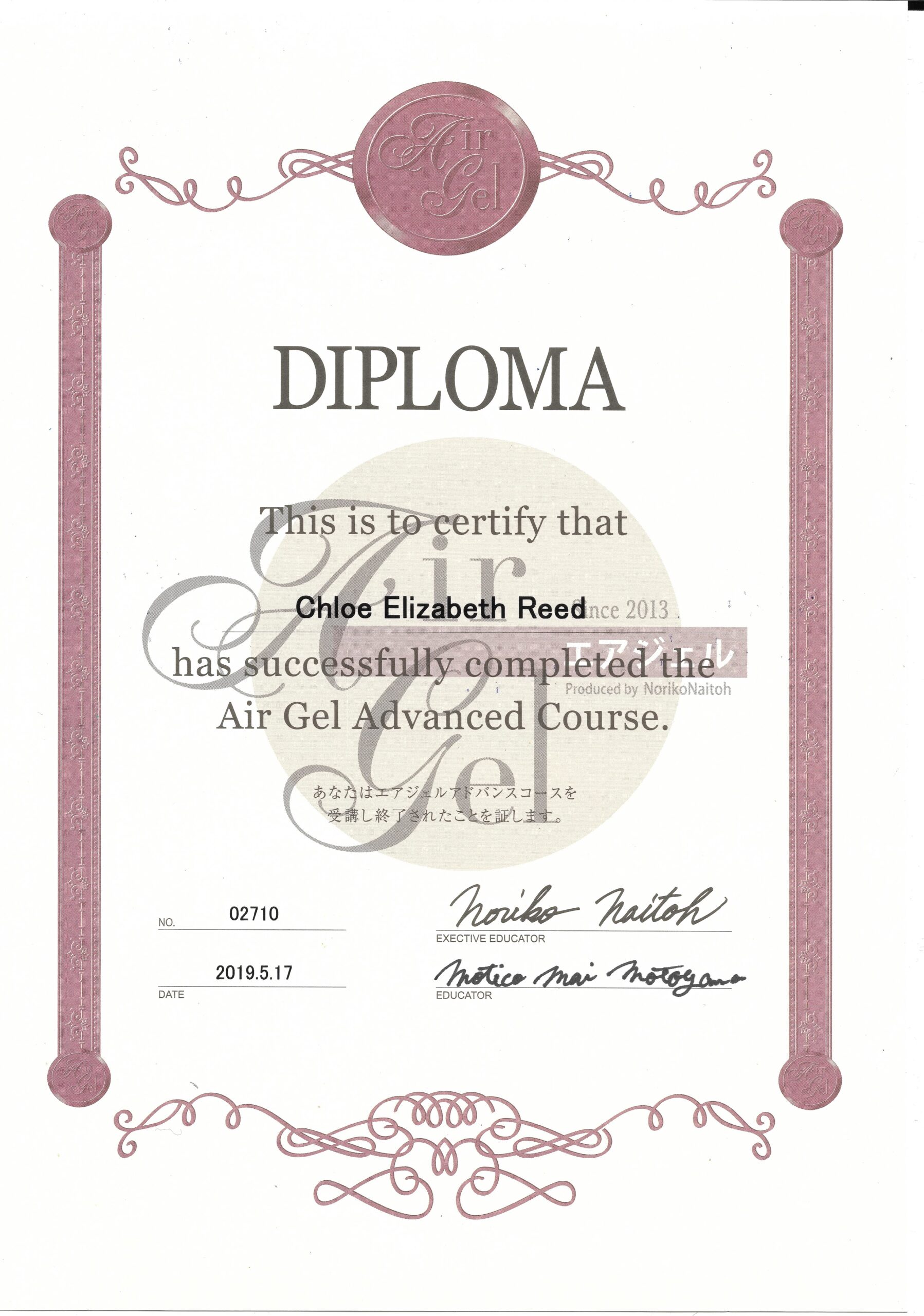 Chloe Elizabeth Reed Airgel airbrush nail certification diploma Level 3